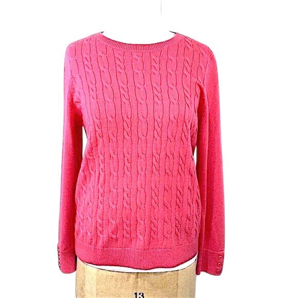 Talbots Sweater Size 1X Lambs Wool Blend Cable Pink Button Cuff - Picture 2 of 12